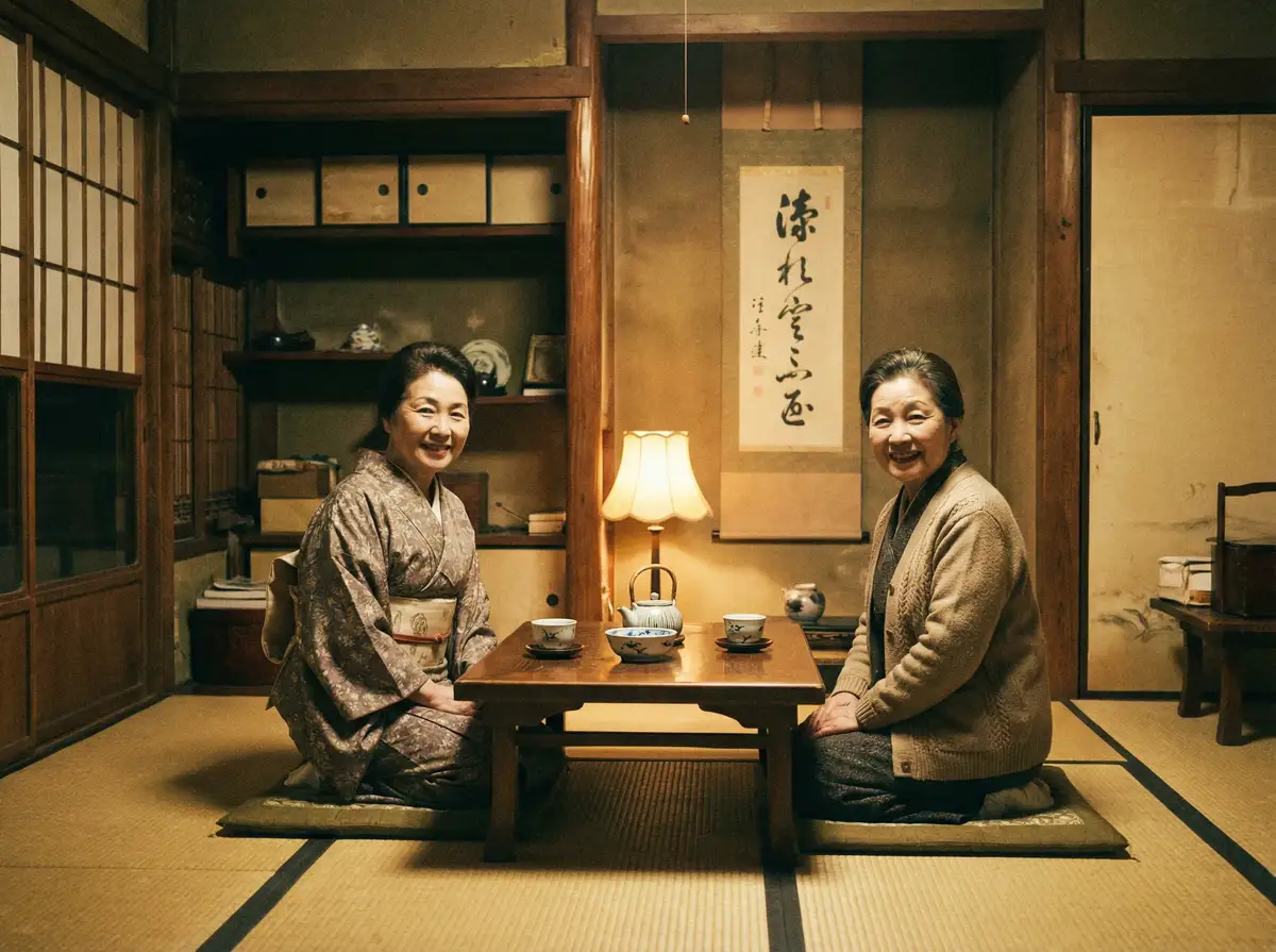 两位优雅的 极品美女 在日式茶室中品茶交谈